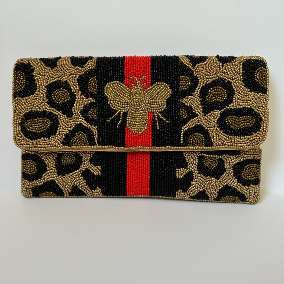 Shirdee Beaded Leopard Bee Red Black Stripe Clutch Shoulder Bag - Picture 2 of 6